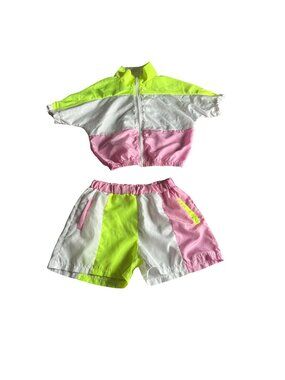 Neon Y2K Colorblock Festival Retro Windbreaker & Short Streetwear Set Womens M